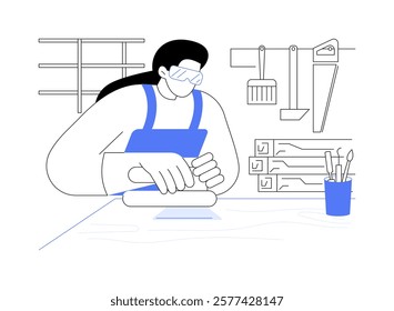 Working space isolated cartoon vector illustrations. Girl wearing protective glasses and doing carpentry, building equipment rental, household service, workshop deals vector cartoon.