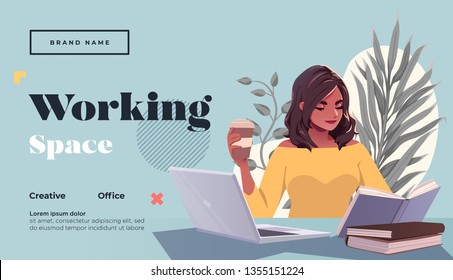 Working space Landing page template. Young female freelancer is sitting in modern hipster cafe at the table with laptopn and take away coffee. Vector illustration