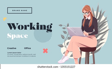 Working Space Landing Page Template. Young Female Freelancer Is Sitting In Modern Hipster Cafe With Laptopn. Vector Illustration
