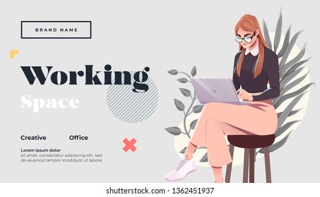 Working space Landing page template. Young female freelancer is sitting in modern hipster cafe with laptopn. Vector illustration