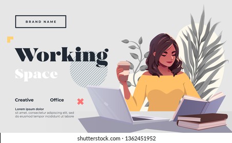 Working space Landing page template. Young female freelancer is sitting in modern hipster cafe with laptopn. Vector illustration