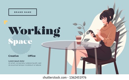 Working space Landing page template. Young female freelancer is sitting in modern hipster cafe with laptopn. Vector illustration