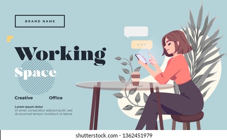 Working space Landing page template. Young female freelancer is sitting in modern hipster cafe with laptopn. Vector illustration