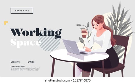 Working space Landing page template. Young female freelancer is sitting in modern hipster cafe at the table with laptopn and take away coffee. Vector illustration