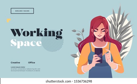 Working space Landing page template. Young female freelancer is sitting in modern hipster cafe at the table with take away coffee, mobile phone. Vector illustration
