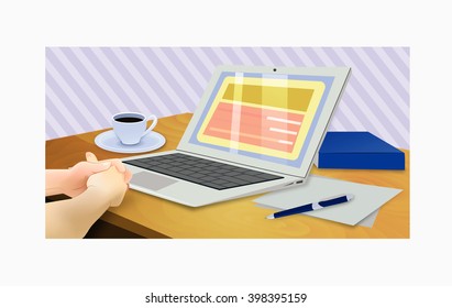 Working space with laptop, cup of coffee and office supplies, the vector image