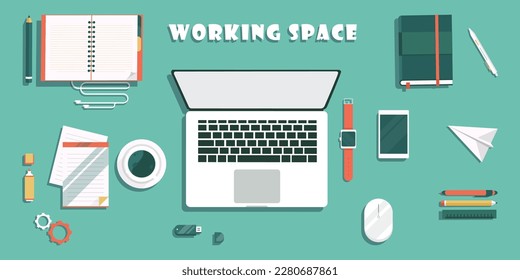 Working space with laptop, phone, notebook in a flat design