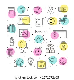 Working space line icons set. Office and bureau property linear illustrations pack. Modern thin outline working place and job symbols. Laptop, folders, colleagues signs. Isolated items