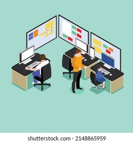 Working space office interior with programmers developing new mobile application isometric 3d vector illustration concept