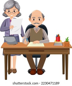 Espacio de trabajo con ilustración de personajes de dibujos animados de pareja de edad avanzada