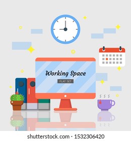 working space set concept, computer, cactus, document file, calendar, clock, color flat object, Isolated vector design
