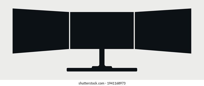 Working space setup black silhouette logo, with three monitors, simple vector symbol