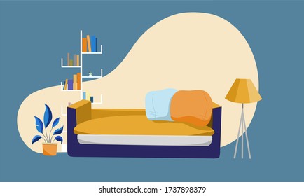 Working space. Sofa. Flower pot. Bookshelf. Corner of freelancer. Vector. Illustration.