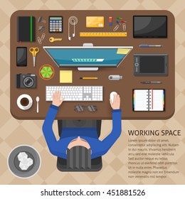 Working space top view design with sitting man brown table computer gadgets beige tiled floor vector illustration 