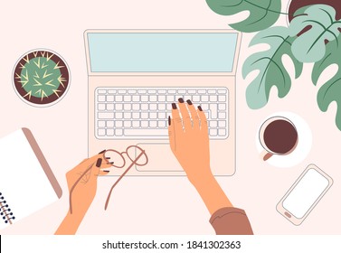 Working space. Top view. Young female freelancer working at her desk at home with coffee, mobile phone. Woman hands. Vector illustration