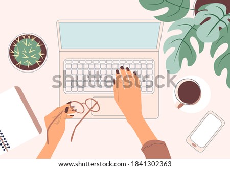 Working space. Top view. Young female freelancer working at her desk at home with coffee, mobile phone. Woman hands. Vector illustration