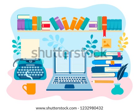 The working space of the writer, literary creative work. Vector illustration for web design, blogging, social networks