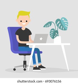 Working space. Young character typing on a laptop / flat editable vector illustration, clip art