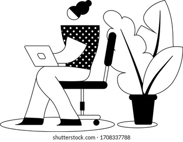 Working space. Young female character typing on a laptop / flat editable vector illustration, clip art