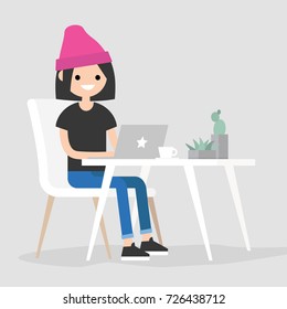 Working space. Young female character typing on a laptop / flat editable vector illustration, clip art