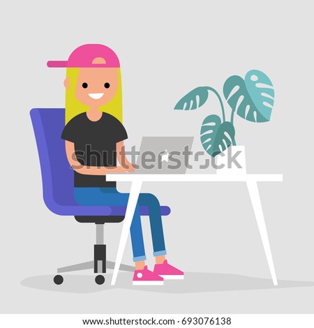 Working space. Young female character typing on a laptop / flat editable vector illustration, clip art
