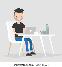 Working space. Young male character typing on a laptop / flat editable vector illustration, clip art