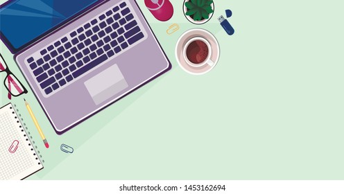 working spaces. View from above. A cup of coffee, a notebook, glasses, a pencil, a pen, a flash drive, a cactus. Vector graphics