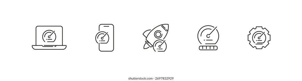 Working speed with gauge icon on devices vector outline icon set. Performance, efficiency, and progress design collection.
