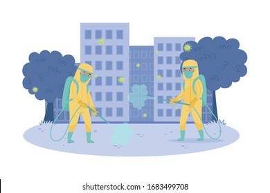 Arbeiter in Schutzanzügen und Masken zur Desinfizierung der Vektorillustration von Stadtstraßen