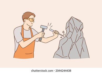 Working as stonecutter with tools concept. Young positive man stonecutter using hammer and stick to work with rock stone concrete wearing glasses and apron vector illustration 