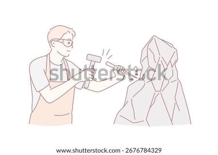 Working as stonecutter with tools concept. Young positive man stonecutter using hammer and stick to work with rock stone concrete wearing glasses and apron vector illustration