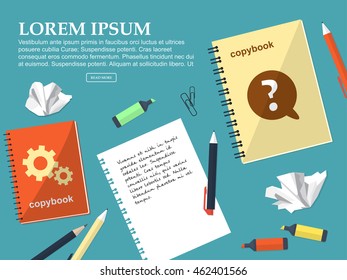 Working student desk with exercise books and stationery. With place for your text. Vector illustration