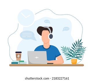 Working or studing at home. Boy sitting at table. Online education concept. Freelance. Stay home.