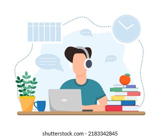 Working or studing at home. Boy sitting at table. Online education concept. Freelance. Stay home.