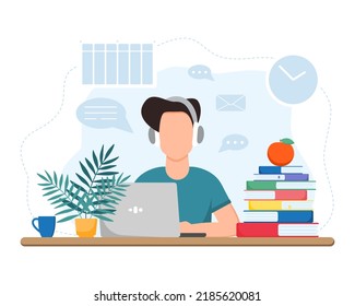 Trabajar o estudiar en casa. Niño sentado en la mesa. Concepto de educación en línea. La autonomía. Quédate en casa.