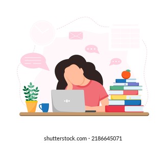 Working or studing at home. Tired girl sitting at table. Online education concept. Freelance.