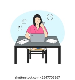 Working or studying concept. Young woman sits at the table with laptop and phone. She is working, typing, surfing the internet and using technology.