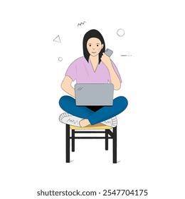 Working or studying concept. A young woman sits with laptop and phone. She is working, typing, surfing the internet and using technology.