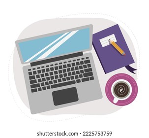 Working or studying from café or home, flat lay on laptop, cup of coffee and notebook. Isolated vector illustration in flat style