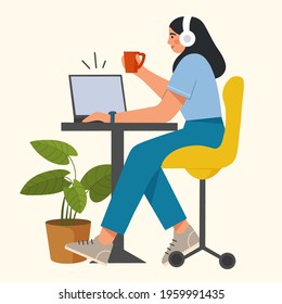 Working or studying at home office concept. Young woman sitting at the table with laptop and headphones. She is watching movies, listening to music, studying or video calling. Flat vector illustration concept.