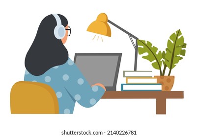 Working or studying at home office concept. Young woman sitting at the table with laptop and headphones. She is watching movies, listening to music, studying or video calling. Flat vector illustration