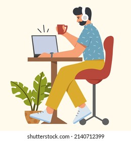 Working or studying at home office concept. Young man sitting at the table with laptop and headphones. He is watching movies, listening to music, studying or video calling. Flat vector illustration.