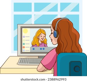 Working or studying at home office concept. Young woman sitting at the table with laptop and headphones. She is watching movies, listening to music, studying or video calling. Flat vector illustration