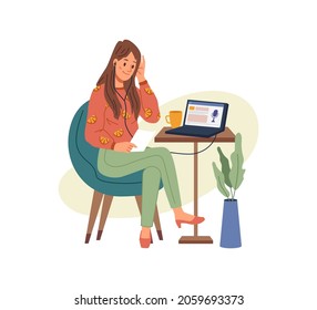 Working or studying at home or office, woman sitting on chair and listening podcast on laptop. Vector flat cartoon girl in headphones with notebook, listen to music, studying or video calling