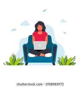 Working studying at home. People at home in self quarantine. freelance. Girl with laptop sitting on armchair. Concept illustration for working, studying, education, work from home, healthy lifestyle.
