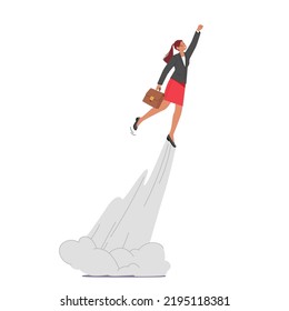 Working Success, Start Up, Goal Achievement, Career Boost Concept. Happy Business Woman Manager Super Hero Character Take Off like a Rocket Reach New Level of Development. Cartoon Vector Illustration