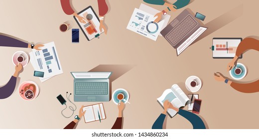 The working surface of a desk at the morning meeting. Top view vector mockup for a layout landing page or design advertising leaflet