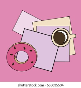 Working surface with paper, donut and coffee. Vector illustration