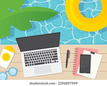 Arbeiten vom Pool aus; Laptop, Notebook, Dokumente, Telefon, Stift, Sonnencreme und Brille auf dem Holzdeck - Vektorgrafik