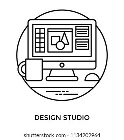Working table of a designer having tea cup and computer screen with geometrical shapes, shaping icon for design studio  